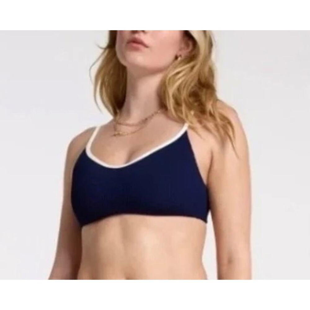 CALIA Swim Tipped Bikini Strappy Top Dark Blue Ribbed Piping Minimalist XS